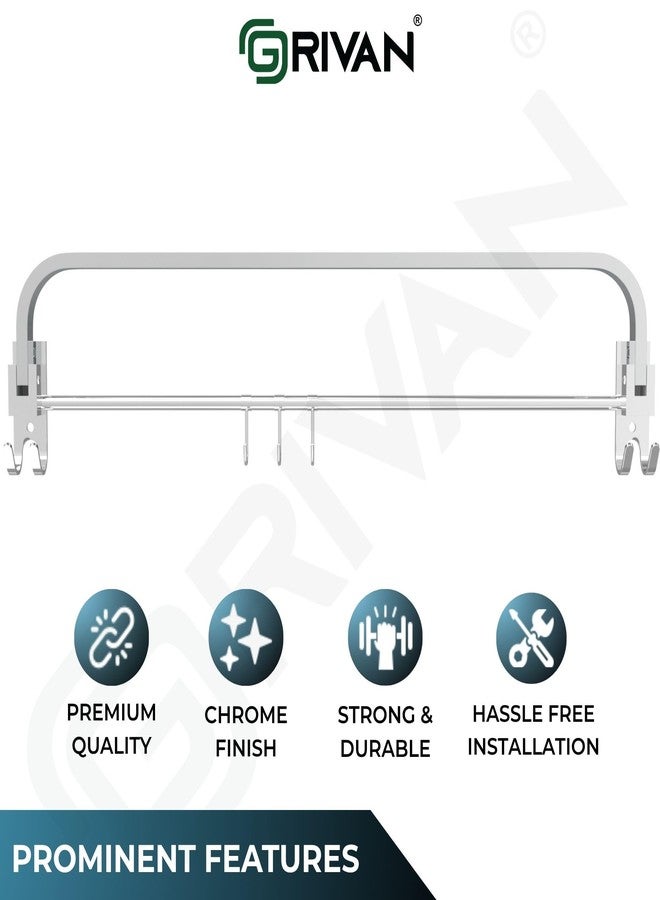 GRIVAN Premium Stainless Steel 24 Inch Foldable Towel Rack/Rod/Stand for Bathroom, Towel Holder with Hooks and Hanger (Silver, Chrome Finish) - Image 4